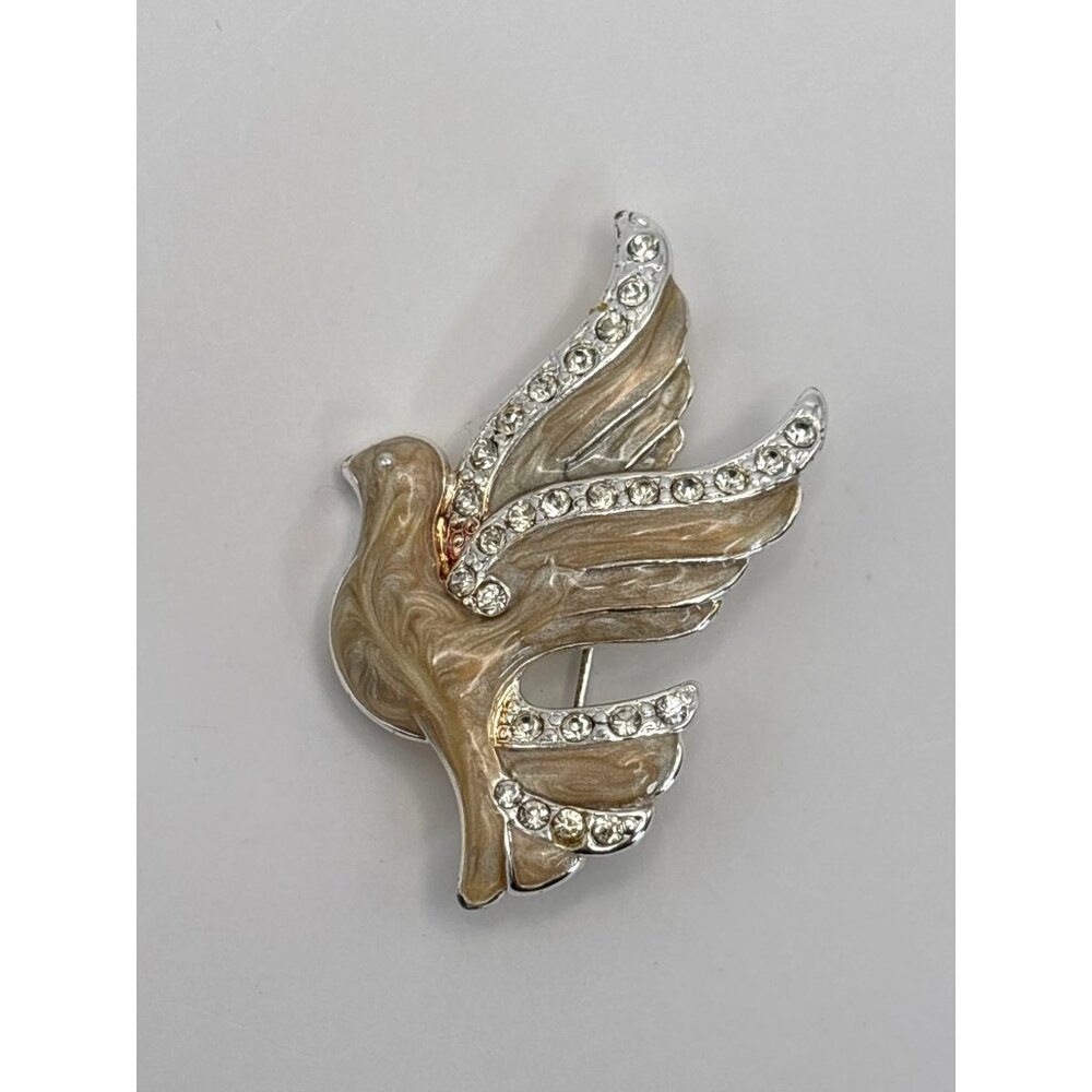 Monet Vintage Dove Bird Enamel Rhinestone Brooch Pin Pearlized Cream Silver Tone